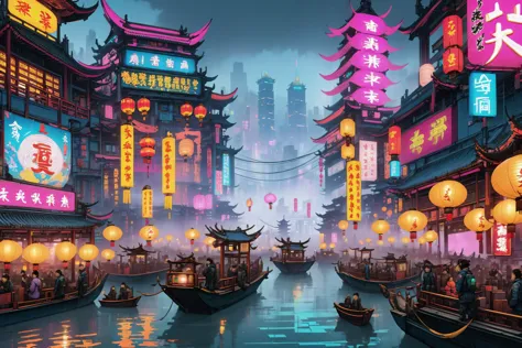 Chinese floating festival, (cyberpunk:1.1), (neon signs:1.2), lanterns , fog, lots of boats, huge crowd   <lora:EnvyKyotopunkXL0...