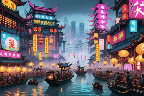 Chinese floating festival, (cyberpunk:1.1), (neon signs:1.2), lanterns , fog, lots of boats, huge crowd   <lora:EnvyKyotopunkXL01:0.8> kyotopunk, (masterpiece:1.2), best quality, (hyperdetailed, highest detailed:1.2), high resolution textures, <lora:EnvyBetterHiresFixXL01:1>