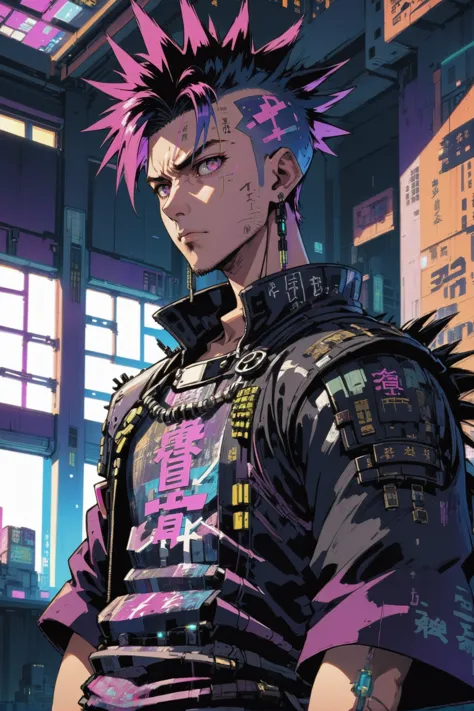 a man with pink hair and spiked hair standing in front of a window