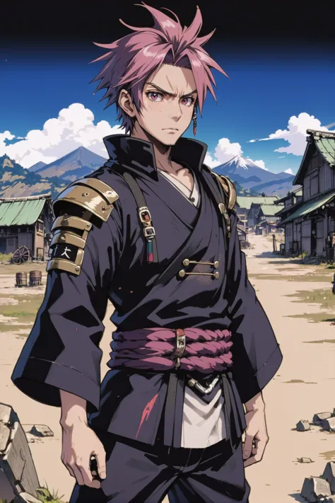 kyotopunk, zukuri, anime style, <lora:EnvyKyotopunkXL01:0.7><lora:EnvySendNoodzXL01:0>1boy, man, ruggedly handsome, noon, scenery, barren Plaguecore hamlet<lora:EnvyBetterHiresFixXL01:0:hr=1>