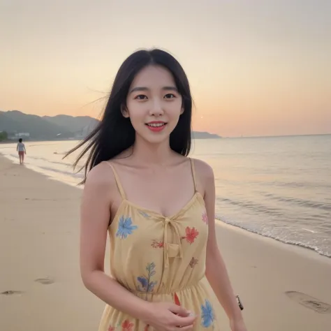 A photorealistic image of a young and adorable Korean woman walking along a sandy beach during sunset. She should be wearing a c...