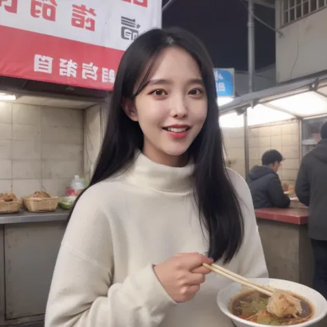 A photorealistic image of a cute Korean woman in her late teens or early twenties, dressed in a fashionable high-necked sweater....