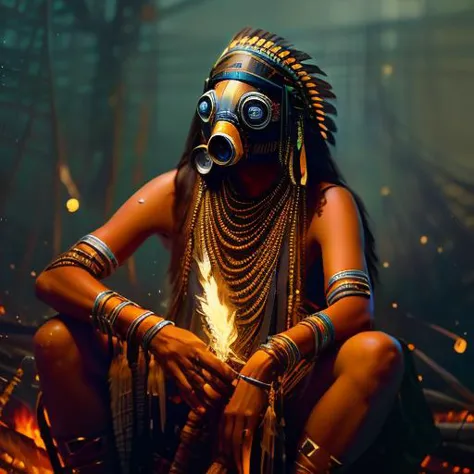 masterpiece, a (native american woman:1.2) sitting by a bonfire, ((cyberpunk) OVERMASKED), highly detailed eyes, highly detailed...