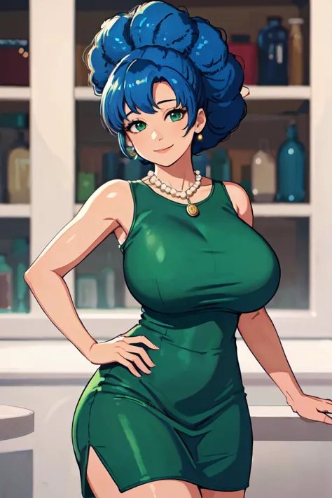 a cartoon of a woman in a green dress posing for a picture