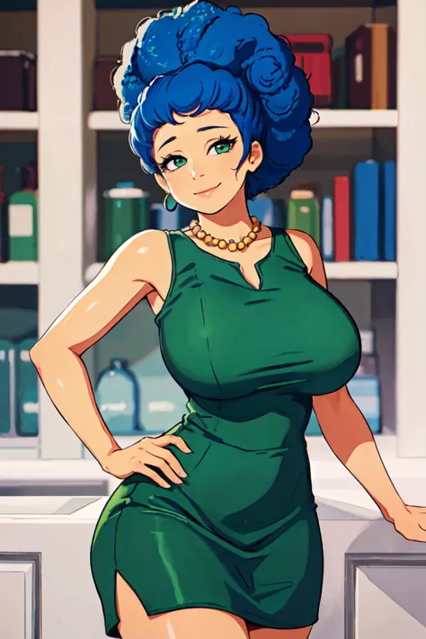 a cartoon of a woman in a green dress posing for a picture