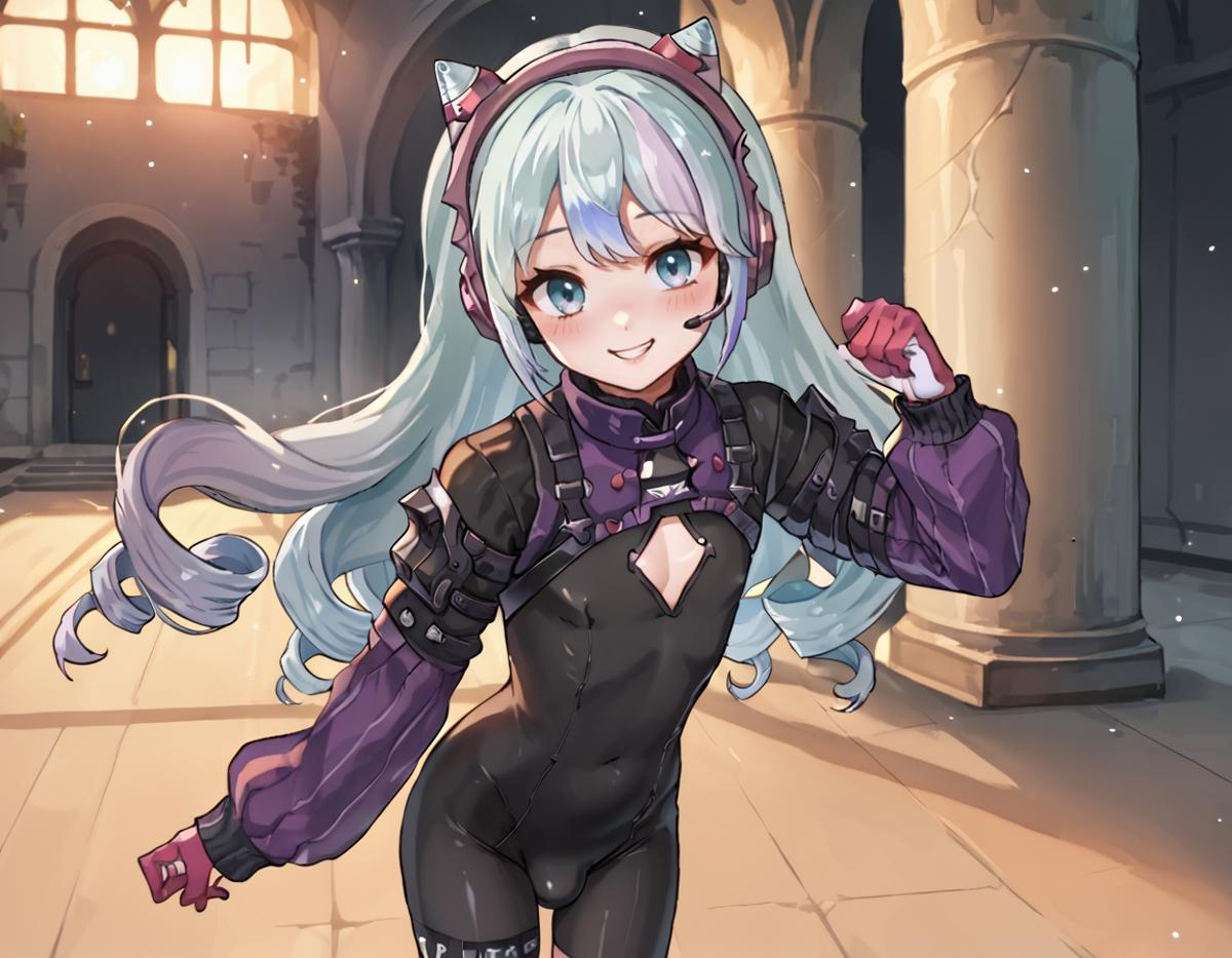 Anime girl in black outfit with purple hair and purple gloves - SeaArt AI