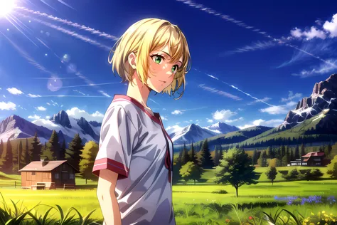 anime girl standing in a field with mountains in the background