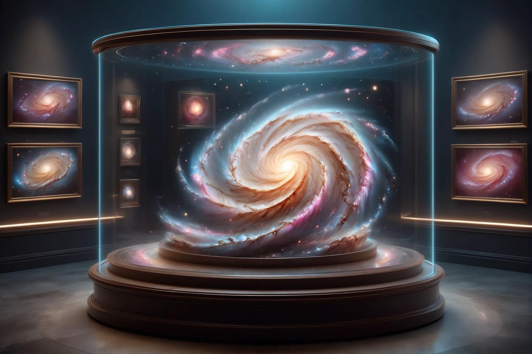 Pequeña y colorida galaxia espiral loca en vitrina, museo en el fondogran estética de iluminación, (Obra maestra:1.2), mejor calidad, (hiperdetallado, más detallado:1.2), texturas de alta resolución