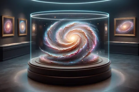 Pequeña y colorida galaxia espiral loca en vitrina, museo en el fondogran estética de iluminación, (obra maestra:1.2), mejor calidad, (hiperdetallado, más detallado:1.2), texturas de alta resolución