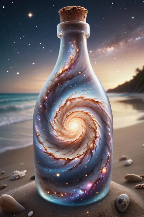 a bottle filled with a spiral galaxy inside of it