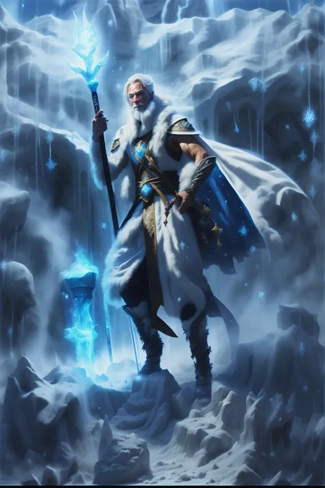 fantchar, a fantasy mage wearing furs and warm robes and holding a glowing magic staff in his hand while standing on a glacial m...