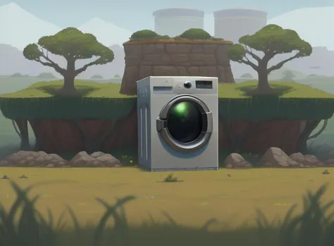 <lora:background-terraria-richy-v1:1.0>, (terrariabackground:1.1), sink, doors, refrigerator, outside, grassy foreground, depth of field, video game background, washing machine,