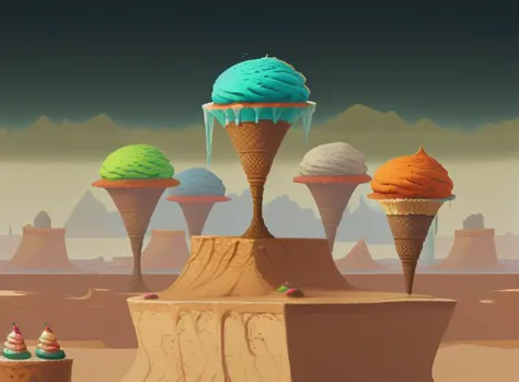 there are many ice cream cones on a pedestal in the desert