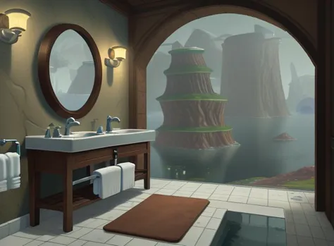 <lora:background-terraria-richy-v1:1.0>, (terrariabackground:1.1), (bathroom:1.2), towels, fantasy, (sink, toilet,:1.2) depth of field, video game background, platformer game, (floating islands,:0.7)