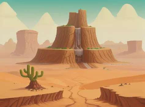 a close up of a desert with a cactus plant and a waterfall