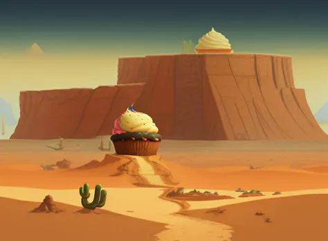 cartoon desert landscape with a cupcake and cactus plants