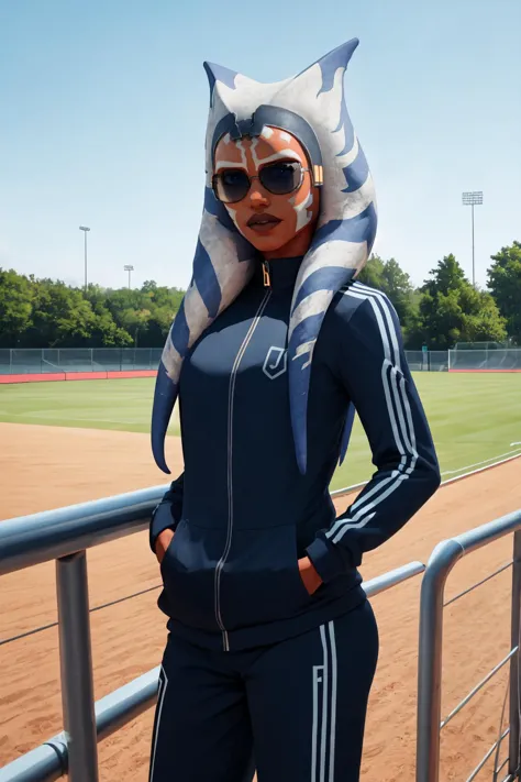 (masterpiece, best quality), outdoors, soccer field, leaning on rail, cowboy shot, 1girl, solo, AhsokaS7, colored skin, medium breasts, blue eyes, <lora:AhsokaS7_V1-Manityro-dadapt:1>, toned, looking at viewer, serious, sunglasses, jersey, hands in pockets, track pants,