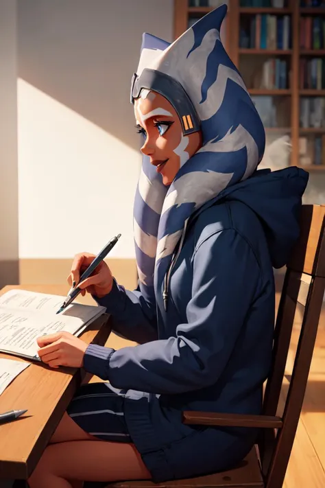 masterpiece, best quality, absurdres, perfect anatomy, 1girl, solo,  AhsokaS7, colored skin, blue eyes, from side, profile, hoodie, sitting, studying, book, pen, cozy, smile, <lora:AhsokaS7_V1-Manityro-dadapt:1>