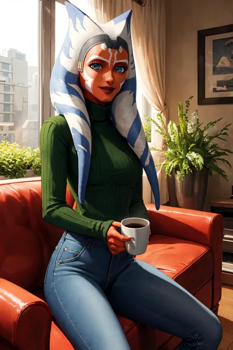 (masterpiece, best quality), indoors, living room, window garden, cowboy shot, 1girl, solo, AhsokaS7, AhsokaS7Outfit, colored skin, medium breasts, blue eyes, <lora:AhsokaS7_V1-Manityro-dadapt:1>, looking at viewer, sitting, on sofa, happy, smile, turtleneck sweater, green sweater, denim jeans, holding coffee mug,