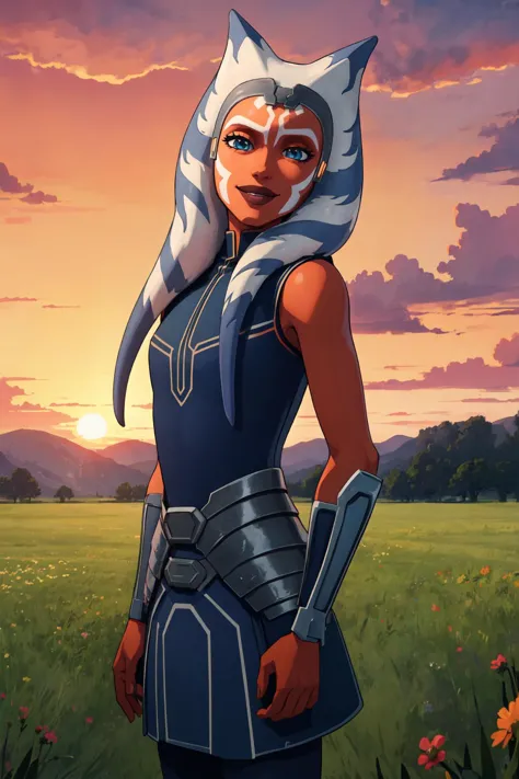 (masterpiece, best quality), outdoors, field, sunset, cowboy shot, 1girl, solo, AhsokaS7, AhsokaS7Outfit, colored skin, <lora:AhsokaS7_V1-Manityro-dadapt:1>, from side, looking down, smile, head tilt, blue shirt, sleeveless, vambraces, belt, blue skirt, blue leggings, hip armor,