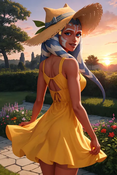 a woman in a yellow dress and a straw hat is standing in a garden