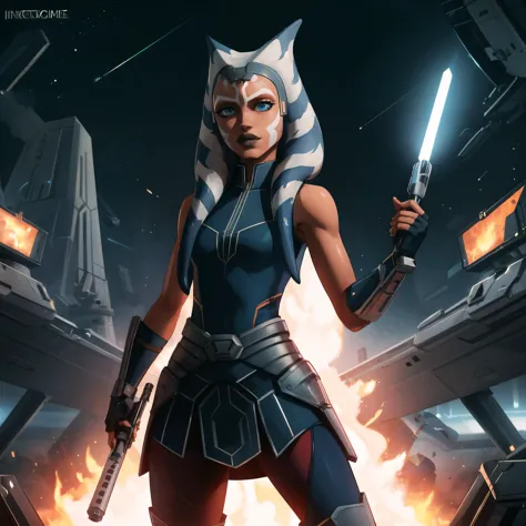 a woman in a star wars outfit holding a sword in front of a spaceship