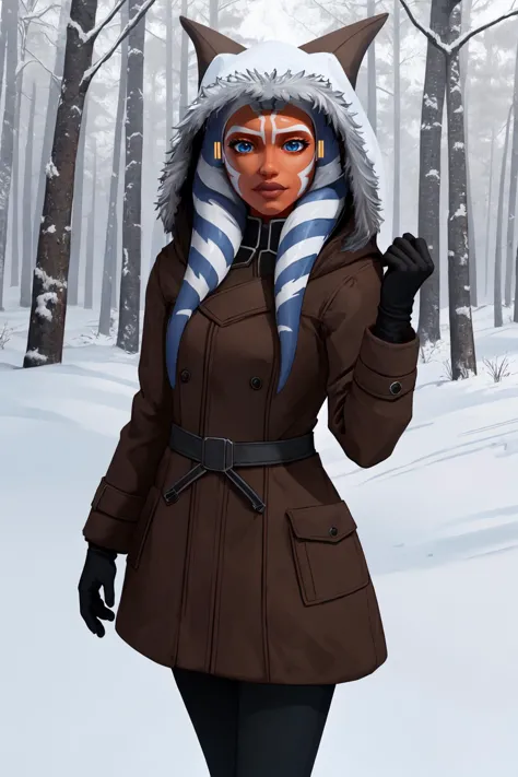 (masterpiece, best quality), outdoors, dark sky, clouded sky, winter, forest, cowboy shot, 1girl, solo, AhsokaS7, colored skin, medium breasts, blue eyes, <lora:AhsokaS7_V1-Manityro-dadapt:1>, toned, looking at viewer, hood up, winter clothes, brown coat, winter gloves, winter jacket, winter pants, fur trim, closed jacket,