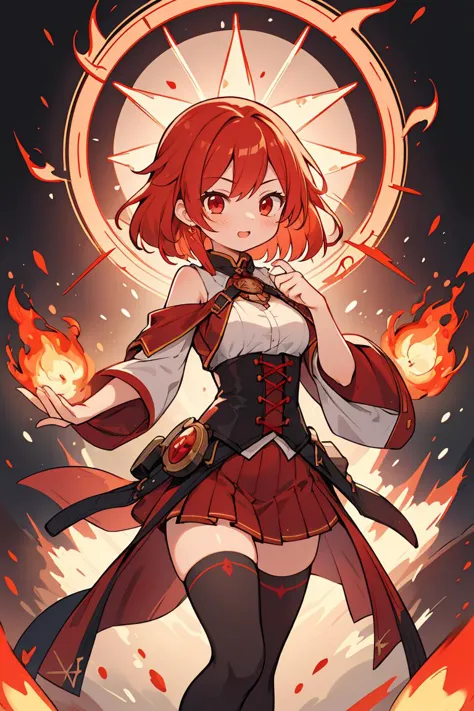 (masterpiece, best quality), 1girl, red hair, flaming hair, red eyes, flames, hands in flame, flame blade, red magic circle, red...