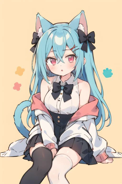 (best quality,masterpiece),1girl,animal ears,thighhighs,solo,long hair,shirt,cat ears,tail,colored inner hair,bow,skirt,cat tail,hair ornament,looking at viewer,animal ear fluff,sitting,off shoulder,white shirt,mouth hold,yellow background,multicolored hair,blush,breasts,blue bow,cat girl,hair bow,x hair ornament,between legs,bowtie,hair between eyes,hairclip,bangs,collared shirt,bare shoulders,long sleeves,pleated skirt,blue bowtie,black hair,black skirt,hand between legs,sleeveless,jacket,pink hair,vest,black bow,two-tone hair,pink eyes,open clothes,very long hair,aqua bowtie,white jacket,blue hair,sleeveless shirt,medium breasts,black vest,red eyes,zettai ryouiki,white thighhighs,black thighhighs,feet out of frame,