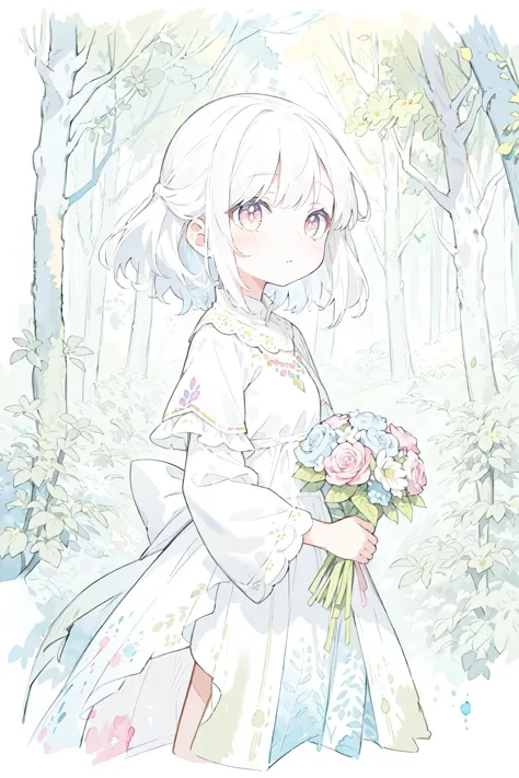 masterpiece, best quality, girl with bouquet, empty pupils, ethereal magical atmosphere, forest, unique, peaceful, colorful, (wa...