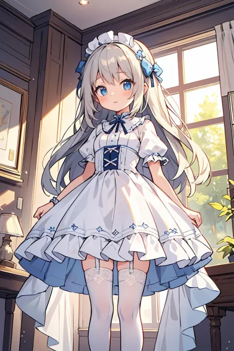 (masterpiece, best quality), 1girl, blue and white frill dress, (white stockings), cute face, standing, indoor, intricate detail...