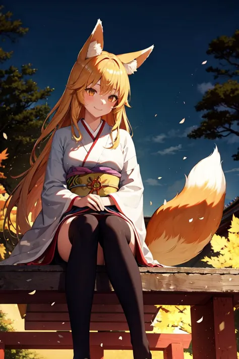 (masterpiece, best quality:1.3), (ultra detailed, cinematic lighting:1.2), 1girl, solo, blonde hair, long hair, fox ears, fox tail, kimono, black thighhighs, sitting, floating sakura leaf, shrine, sunshine, light smile