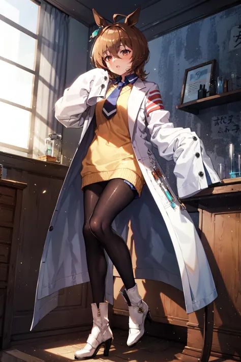 (masterpiece, best quality:1.3), (Intricate detailed:1.2), <lora:agnes_tachyon_loha:0.7>, agnes tachyon \(umamusume\) , single earring, long sleeves, sleeves past wrists, sleeves past fingers, collared shirt, black shirt, yellow sweater, sweater vest, black necktie, short necktie, open coat, white coat, labcoat, test tube, vial, zipper, black pantyhose, white footwear, high heel boots BREAK forest