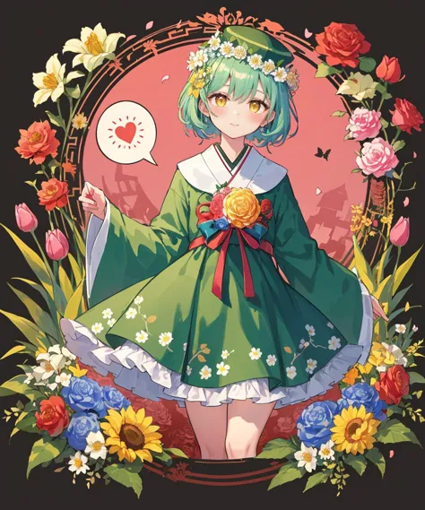 a woman in a green dress with flowers and a speech bubble