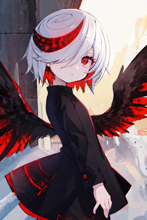 anime girl with red wings and black dress standing on stairs