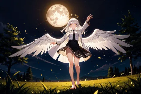 (masterpiece, best quality:1.3), (Intricate detailed:1.2), 1girl, (loli1.3), solo, (white hair, messy hair, long hair), (angel wings, angel halo), flat chest, light smile, glowing yellow eyes, (white shirt, black necktie, black open coat, black skirt, barefoot), (cinematic lighting, backlit), glowing white particles, spread arms, dynamic angle, (grassland, night sky, trees, forest, full moon), wide shot, full body,   <lora:GoodHands-vanilla:1>