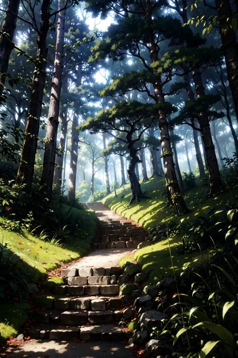 (masterpiece, best quality:1.3), <lora:GoodHands-beta2:1>, mystical forest, with tall trees and moss-covered boulders. The sky is a deep shade of blue, and shafts of sunlight filter through the leaves, creating a dappled effect on the forest floor. In the distance, a majestic unicorn can be seen, its horn glistening in the sunlight. Butterflies flit about, adding to the enchanted atmosphere of the scene.,