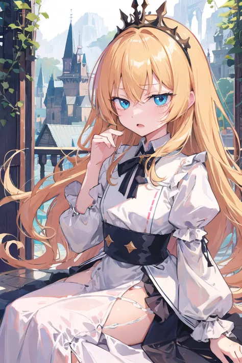 anime girl with long blonde hair sitting on a bench in front of a castle