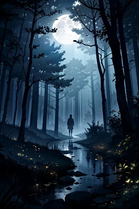 a man walking through a forest at night with a full moon