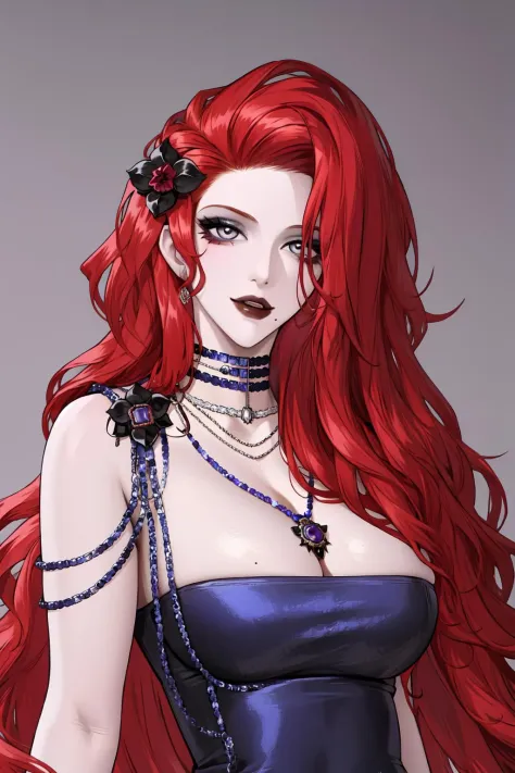 <lora:caberuel-v1-lora-any:0.8>,girl, red hair, long hair, solo, dress, necklace, cleavage, hair ornament, flower,pearl necklace,red nails,purple dress, grey eyes,mole under eye,white ,background,upper body
