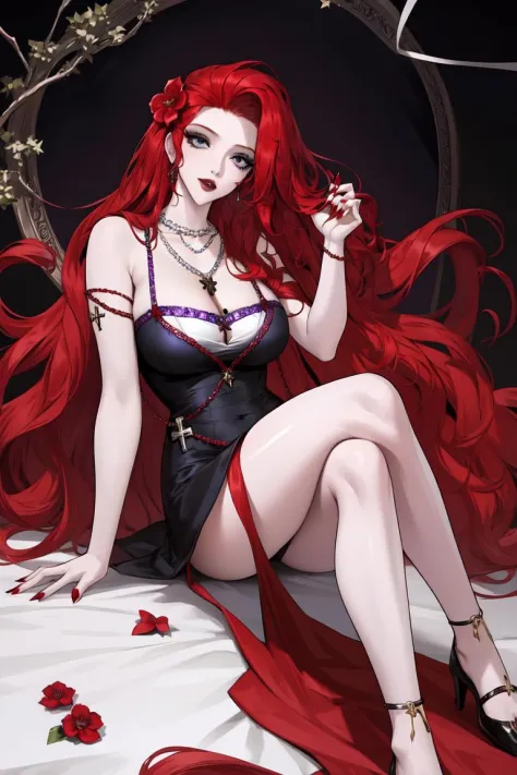 <lora:caberuel-v1-lora-any:0.6>,girl, red hair, long hair, solo, dress, necklace, cleavage, hair ornament, flower,pearl necklace,red nails,purple dress, grey eyes,mole under eye,(cross legs),white background