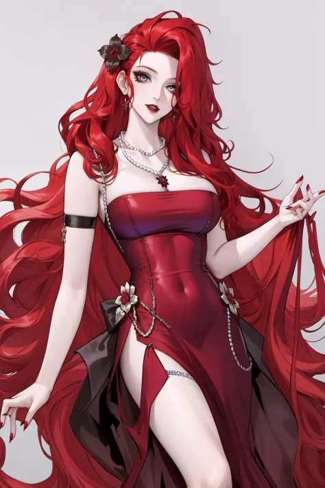 <lora:caberuel-v1-lora-any:0.6>,girl, red hair, long hair, solo, dress, necklace, cleavage, hair ornament, flower,pearl necklace,red nails,purple dress, grey eyes,mole under eye,cross legs,white background