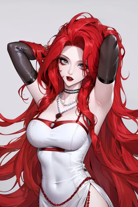 <lora:caberuel-v1-lora-any:0.7>,girl, red hair, long hair, solo,necklace, cleavage, hair ornament,pearl necklace,red nails, grey eyes,mole under eye,white ,background,arms up