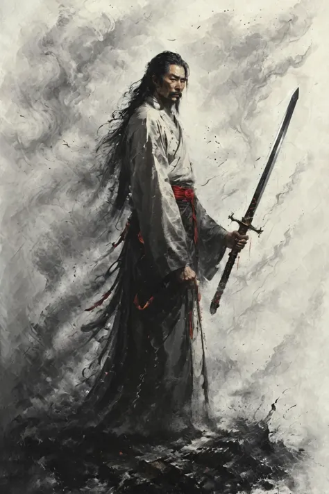 a painting of a man with a sword standing on a rock