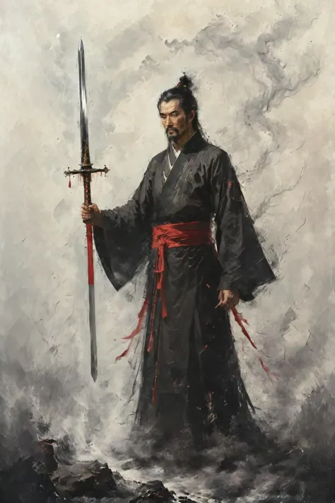 painting of a man in a black robe holding a sword