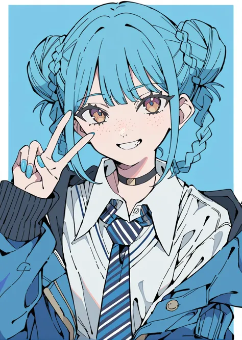 anime girl with blue hair and tie making a peace sign