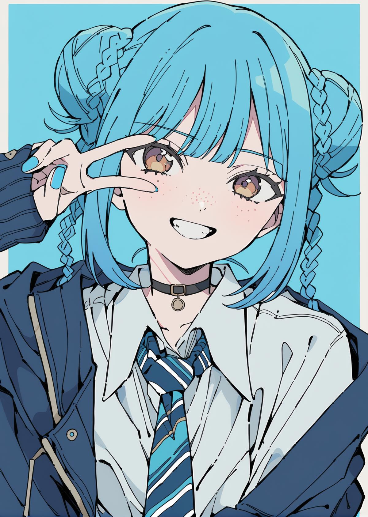 Anime girl with blue hair and a tie holding her nose - SeaArt AI