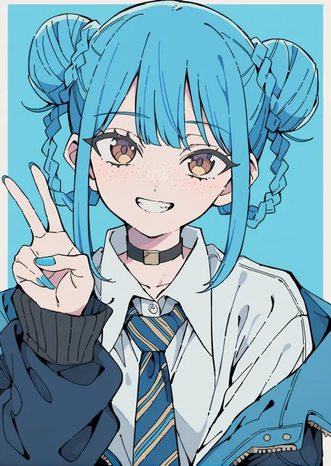 anime girl with blue hair and tie making peace sign