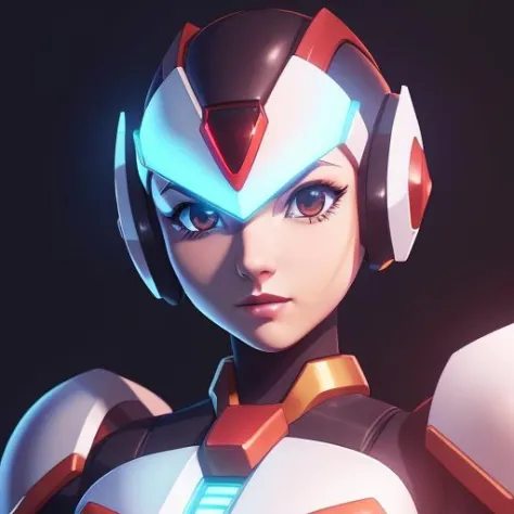 mechanical, perfect face portrait of Megaman style robot android cyborg reploid, half shot, red black and white futuristic armor, confident pose, wearing a open-face helmet, sci-fi, mechanical, half body, (masterpiece:1.3), upper body, science fiction, cle...