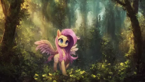 there is a painting of a pony in the woods with a pink mane